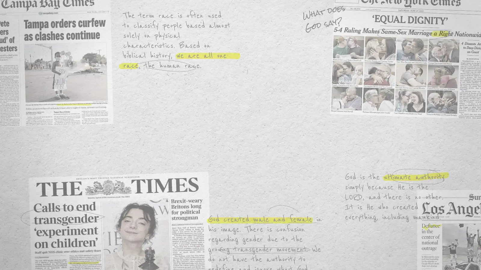 Newspaper headlines pinned to a wall
