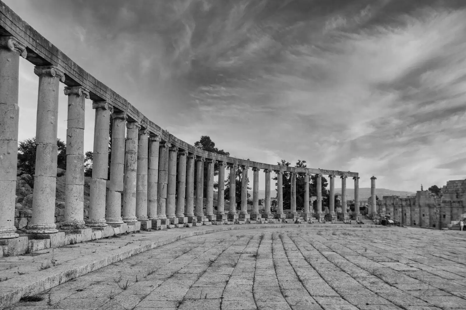 Ancient stone columns around a forum