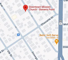 Map showing Downtown Mission Church on Church Street in Stevens Point